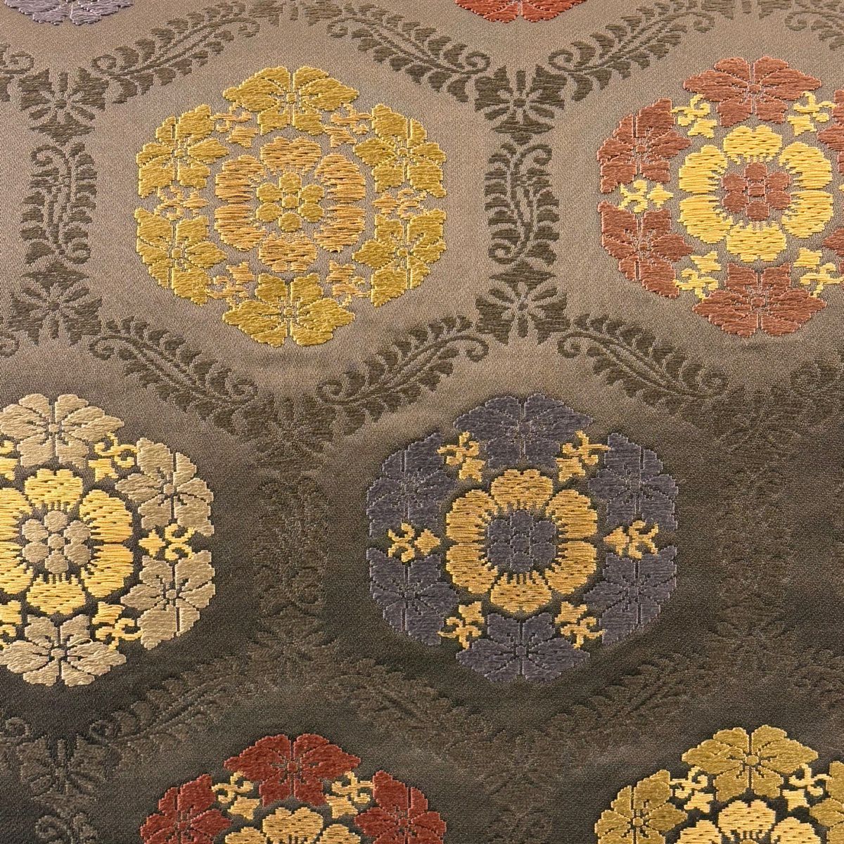 【美品】 袋帶 名品級 華紋 金絲 刺繡 焦茶 深藍色 六通 純蠶絲