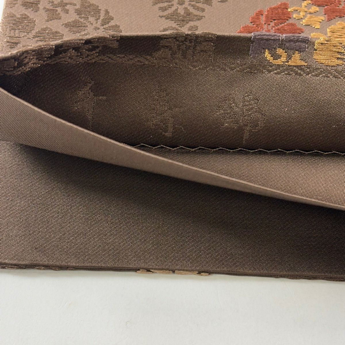 【美品】 袋帶 名品級 華紋 金絲 刺繡 焦茶 深藍色 六通 純蠶絲