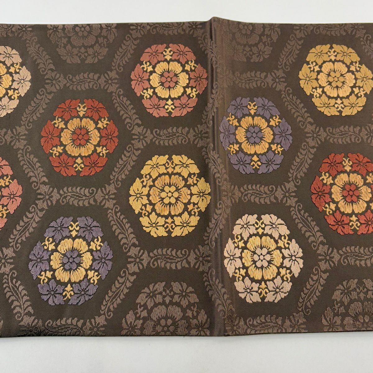 【美品】 袋帶 名品級 華紋 金絲 刺繡 焦茶 深藍色 六通 純蠶絲