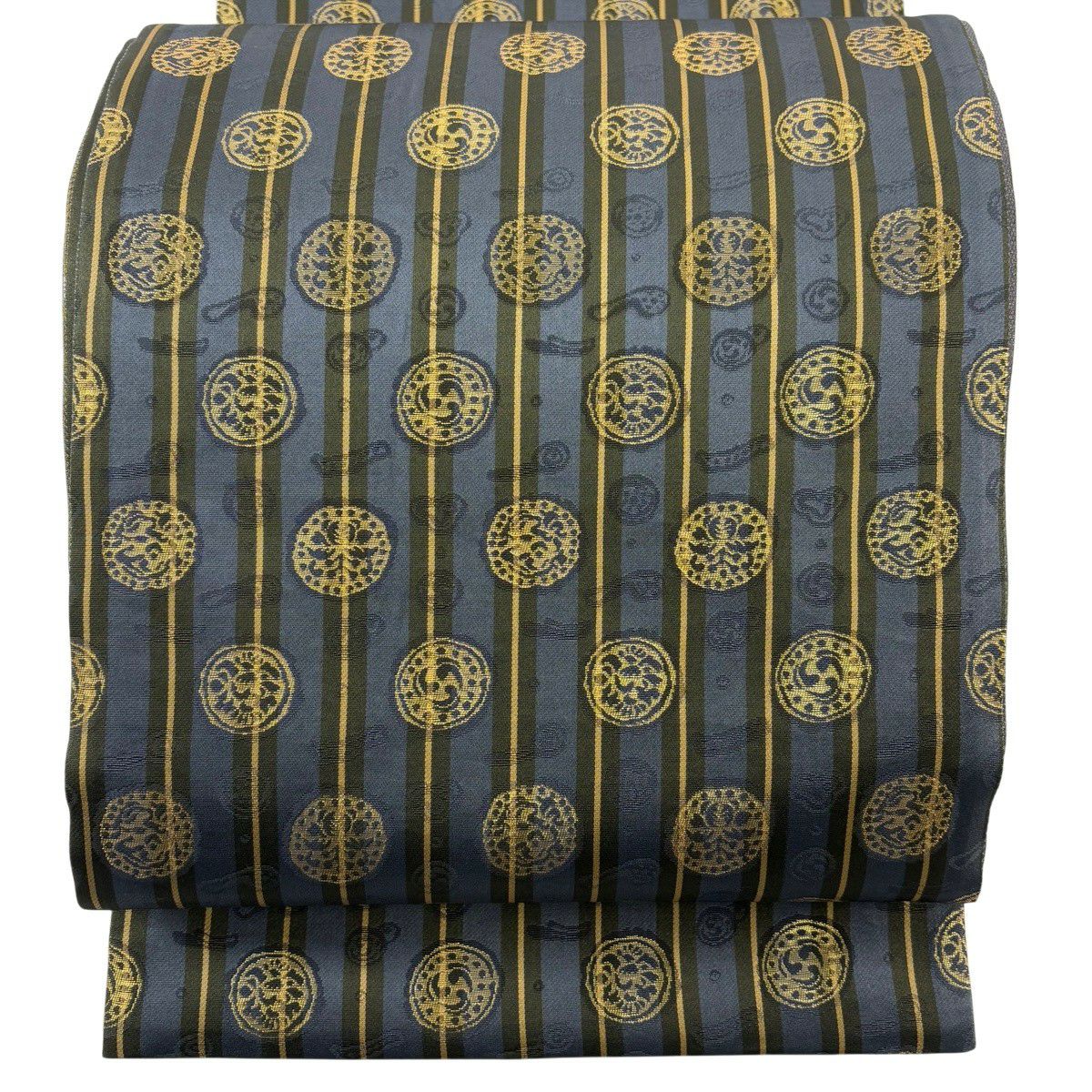 【美品】 袋帶 名品級 雙面 縞紋 草花紋紋 金金箔 深藍 六通 純蠶絲