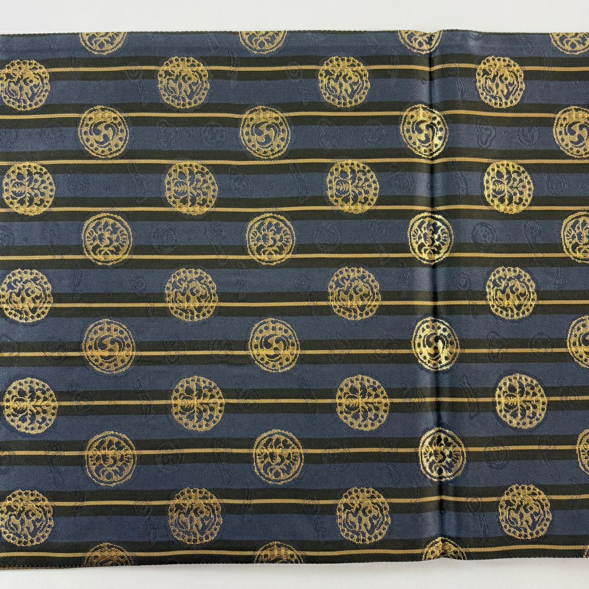 【美品】 袋帶 名品級 雙面 縞紋 草花紋紋 金金箔 深藍 六通 純蠶絲