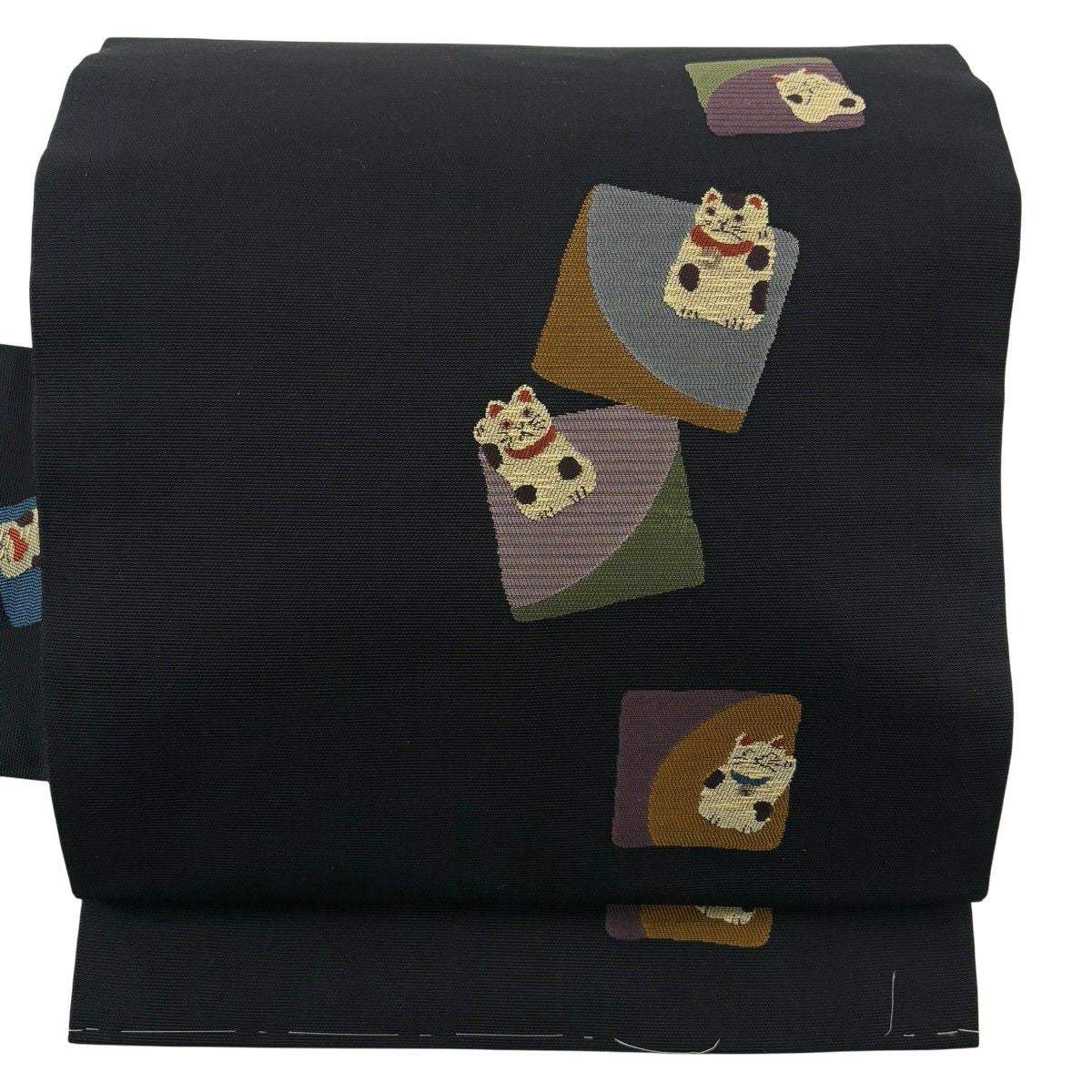 【美品】名古屋帶 名品級 招財貓 幾何圖案 金絲 黑 純蠶絲