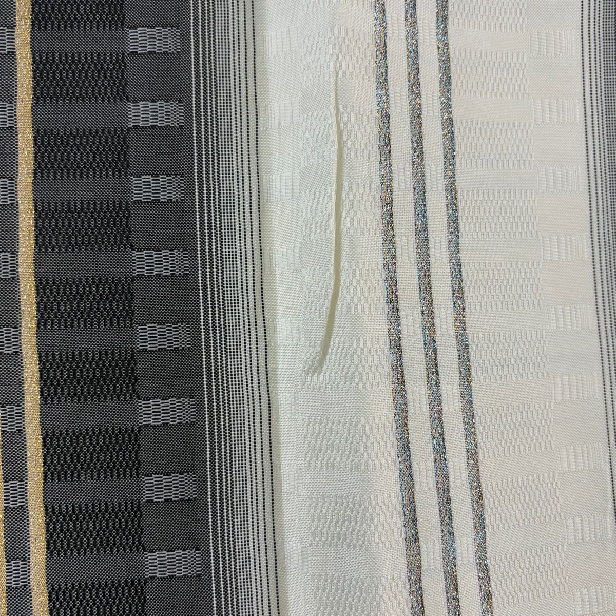 【美品】 袋帶 名品級 縞 格子 金金箔 奶油 六通 純蠶絲
