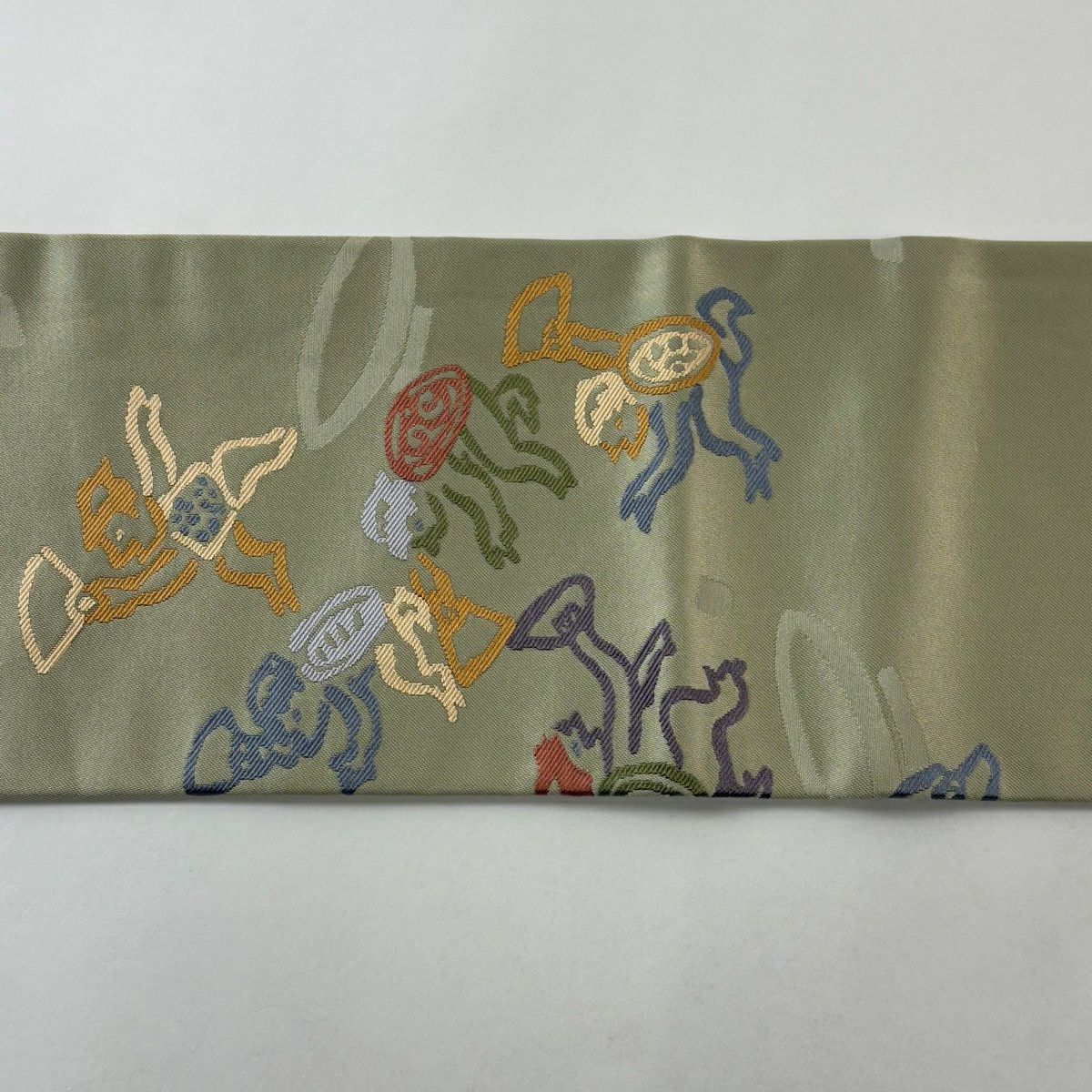 【美品】名古屋帶 名品級 河童 灰綠 純蠶絲