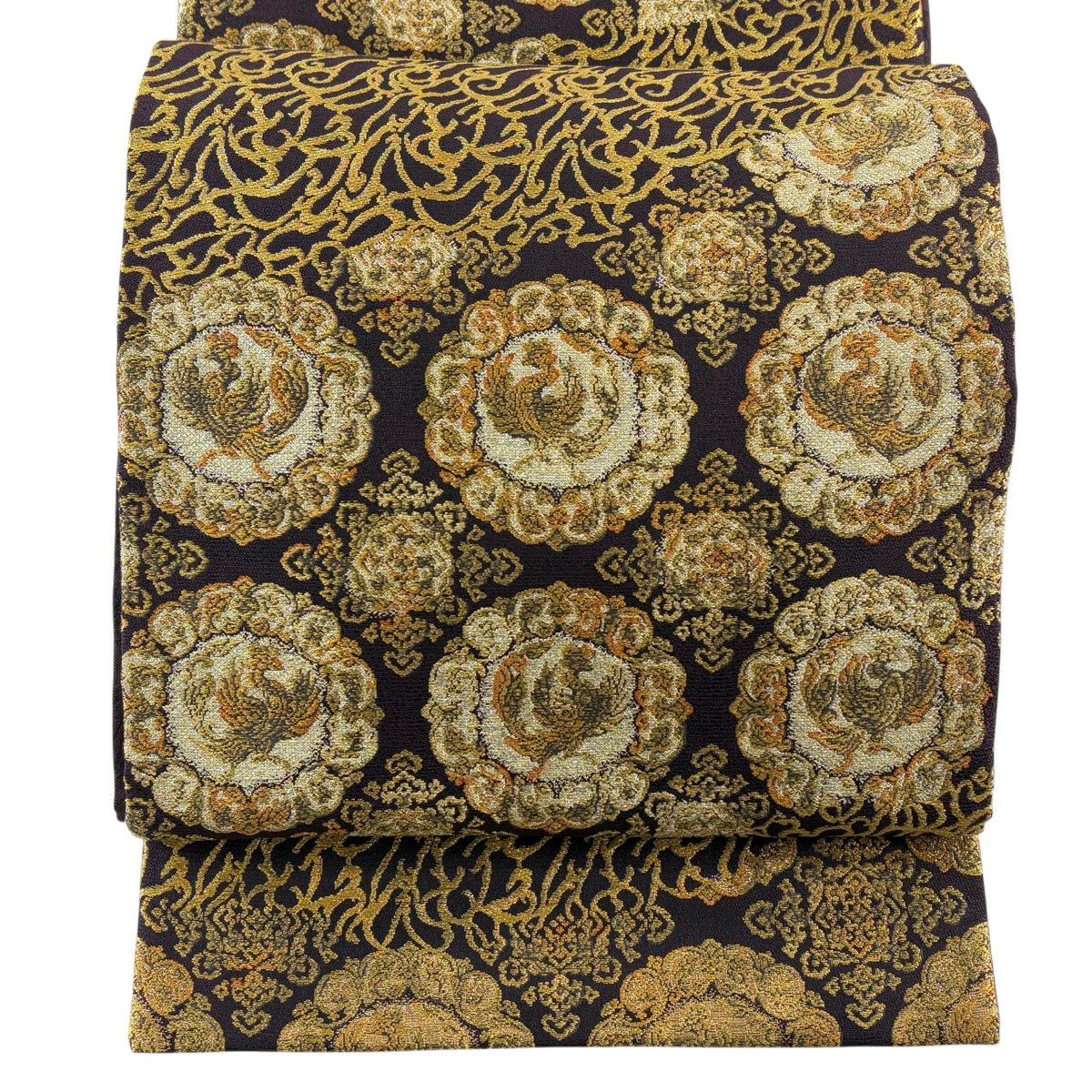 【美品】 袋帶 名品級 本金鳳凰唐草紋圓文錦 金絲 金金箔 深紫 全通 純蠶絲