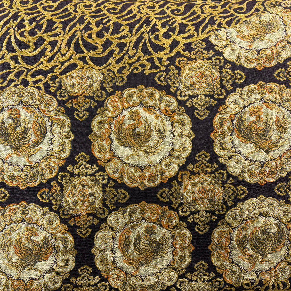 【美品】 袋帶 名品級 本金鳳凰唐草紋圓文錦 金絲 金金箔 深紫 全通 純蠶絲
