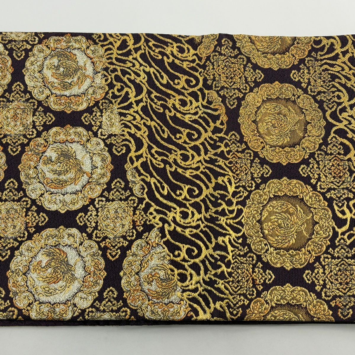【美品】 袋帶 名品級 本金鳳凰唐草紋圓文錦 金絲 金金箔 深紫 全通 純蠶絲