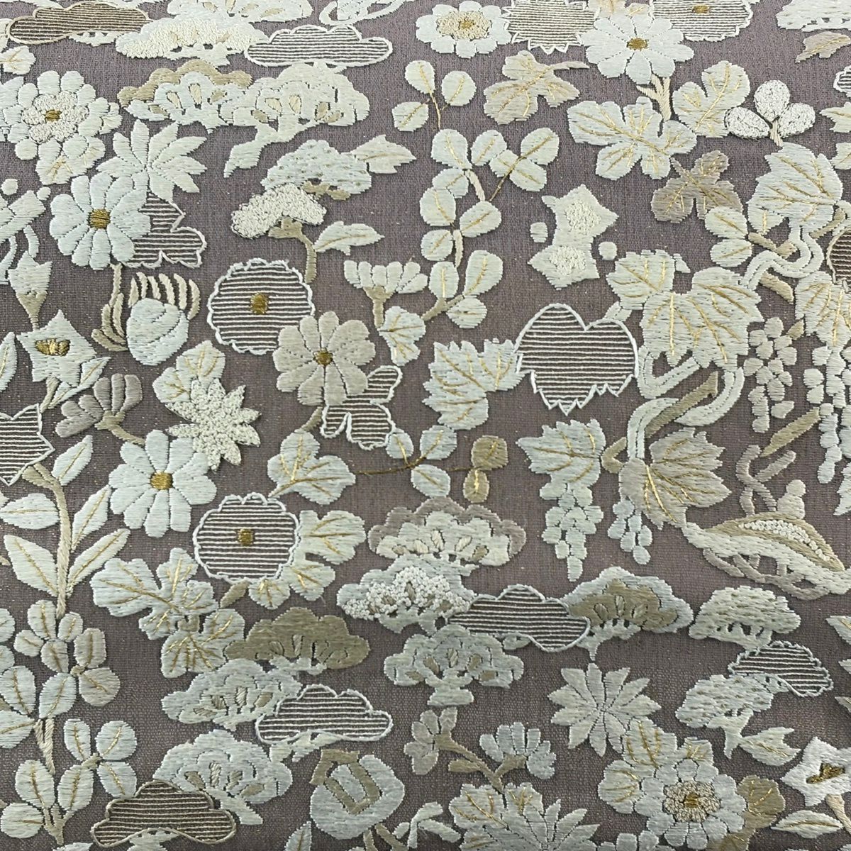 袋帶 名品級 夏帶 草花紋紋 寶盡くし 刺繡 金銀絲 灰紫色 大鼓圖案 純蠶絲