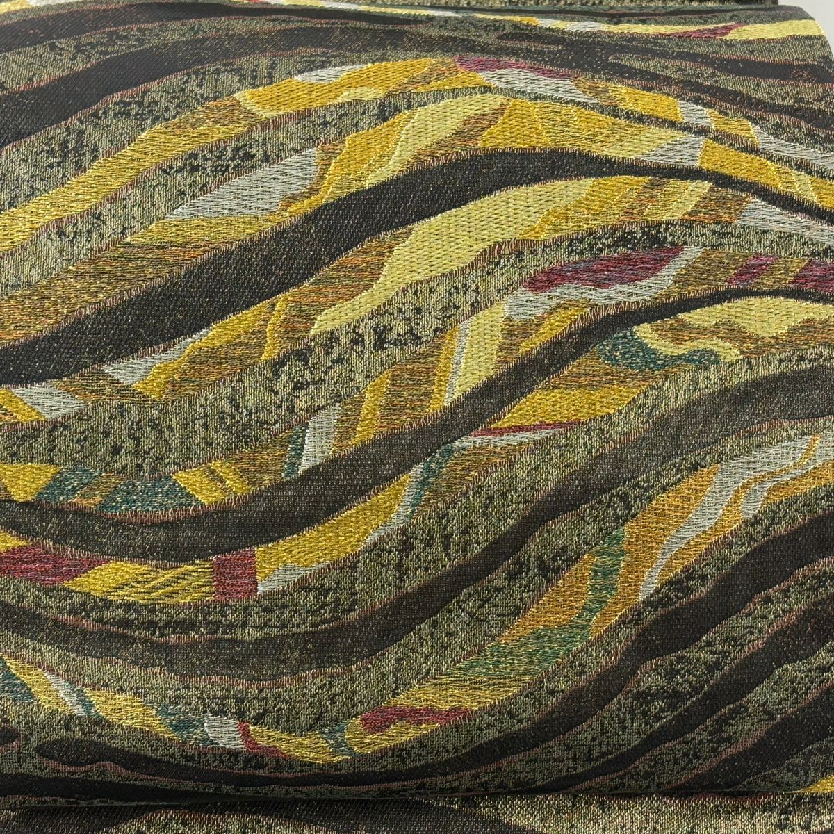 【美品】 袋帶 名品級 幾何圖案 金絲 銀絲 金茶 お太鼓圖案 純蠶絲