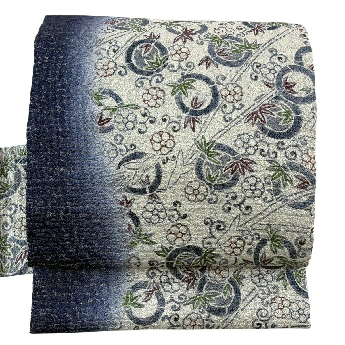 【美品】 名古屋帶 名品級 落款あり 竹子 梅花 銀通 灰白 純蠶絲