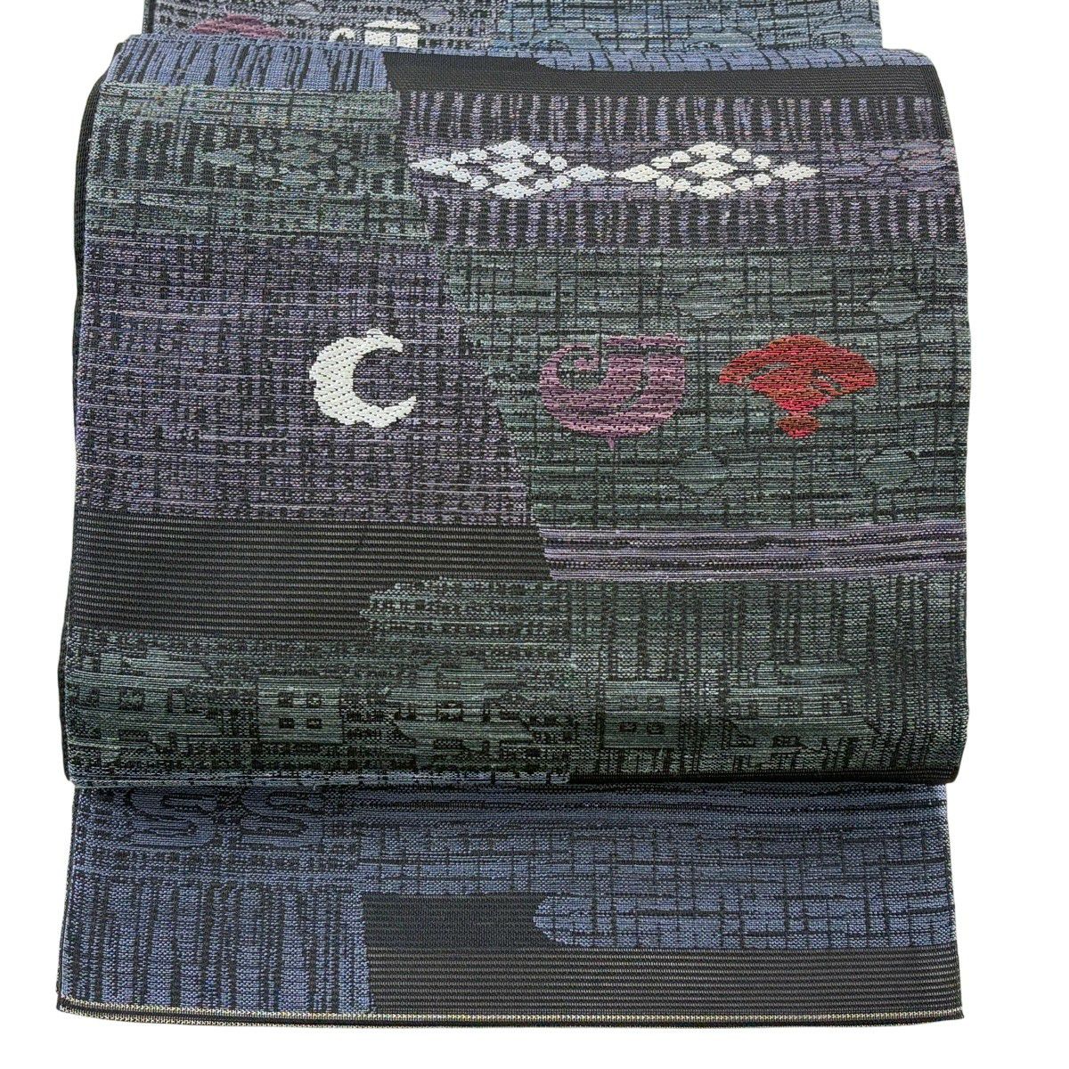 【美品】 袋帶 名品級 夏帶 幾何圖案 扇子子 刺繡 紫色 六通 純蠶絲