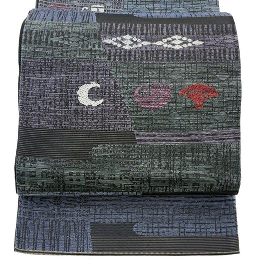 【美品】 袋帶 名品級 夏帶 幾何圖案 扇子子 刺繡 紫色 六通 純蠶絲