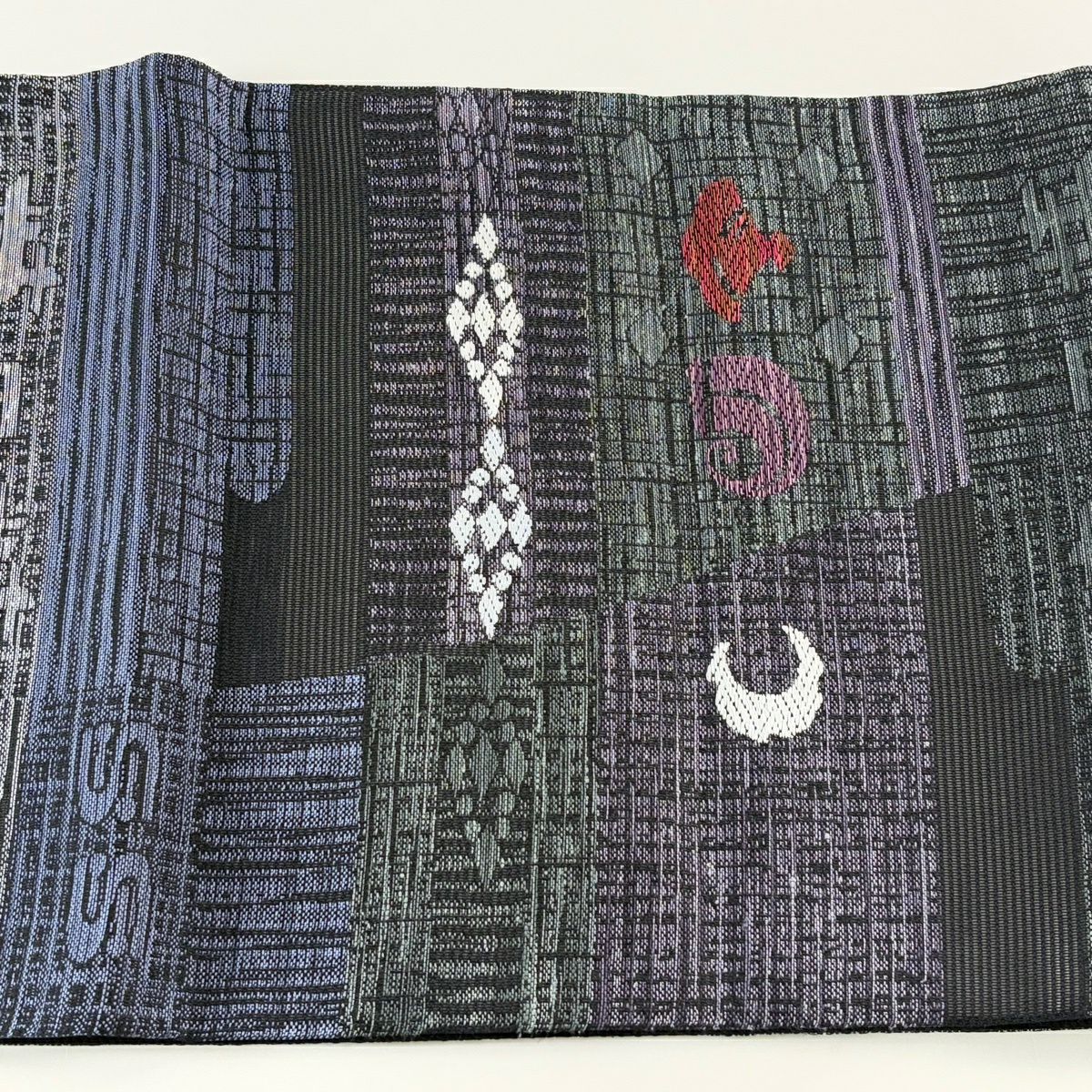 【美品】 袋帶 名品級 夏帶 幾何圖案 扇子子 刺繡 紫色 六通 純蠶絲