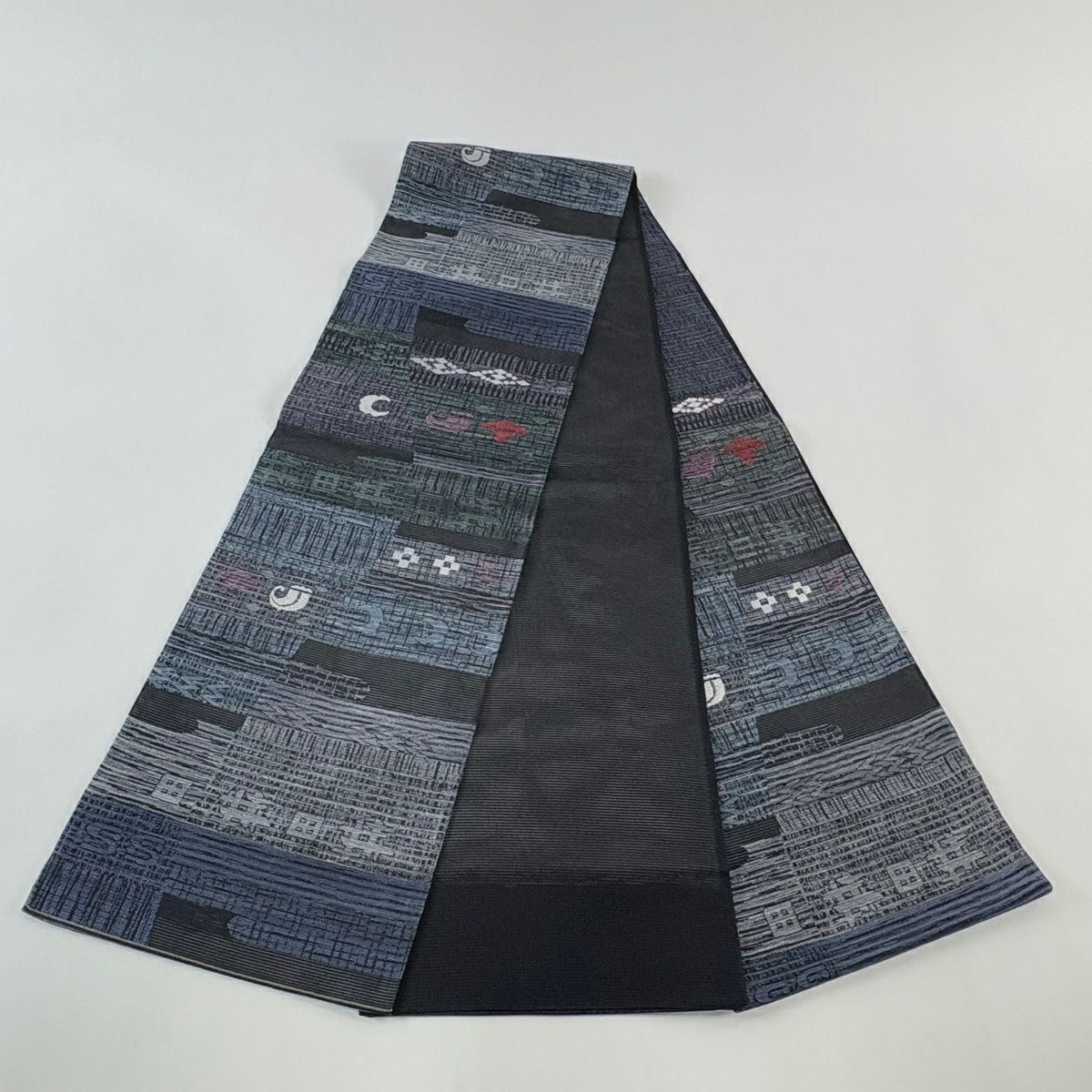 【美品】 袋帶 名品級 夏帶 幾何圖案 扇子子 刺繡 紫色 六通 純蠶絲