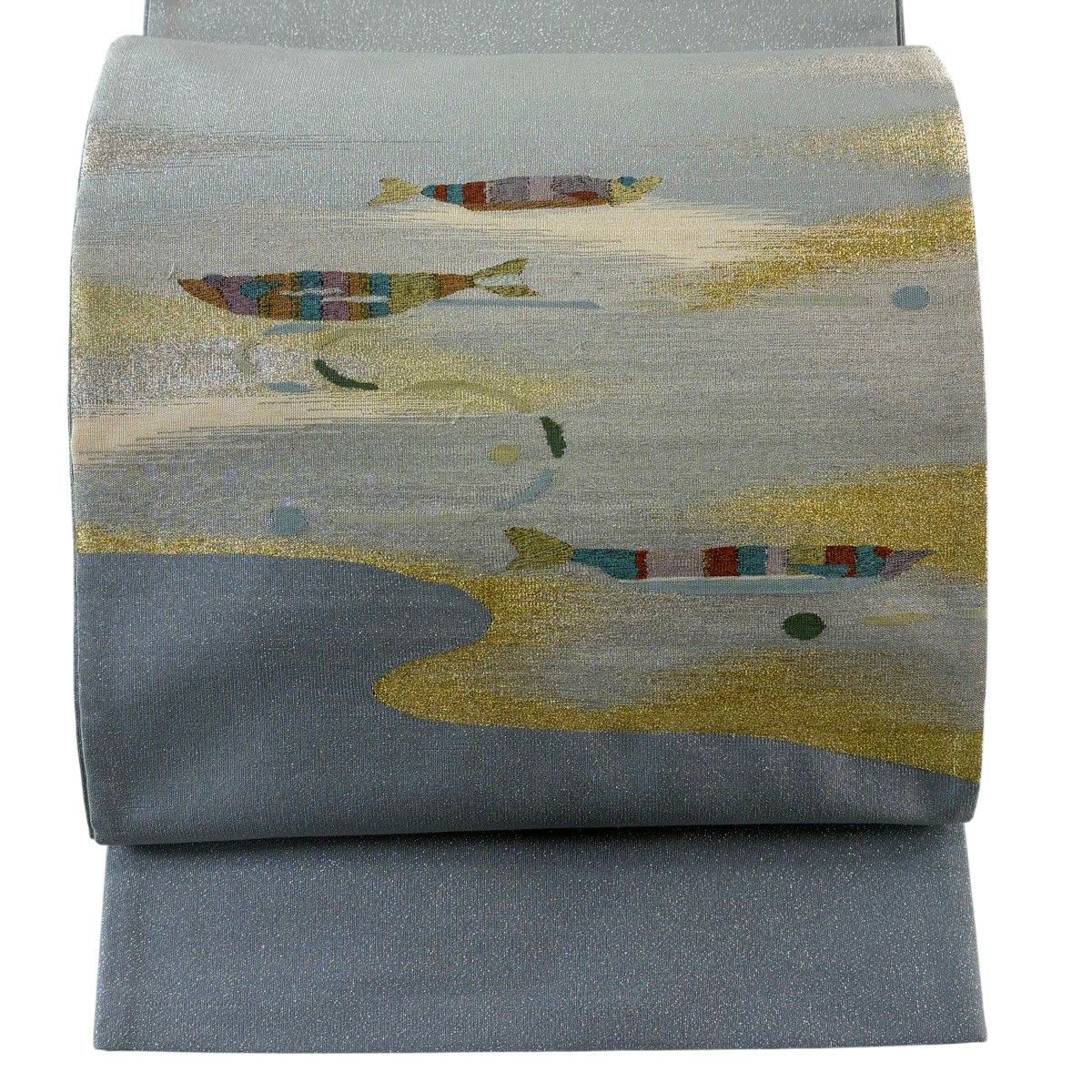 【美品】 袋帶 名品級 魚 幾何學 金銀線 青灰 深藍色 正蠶絲