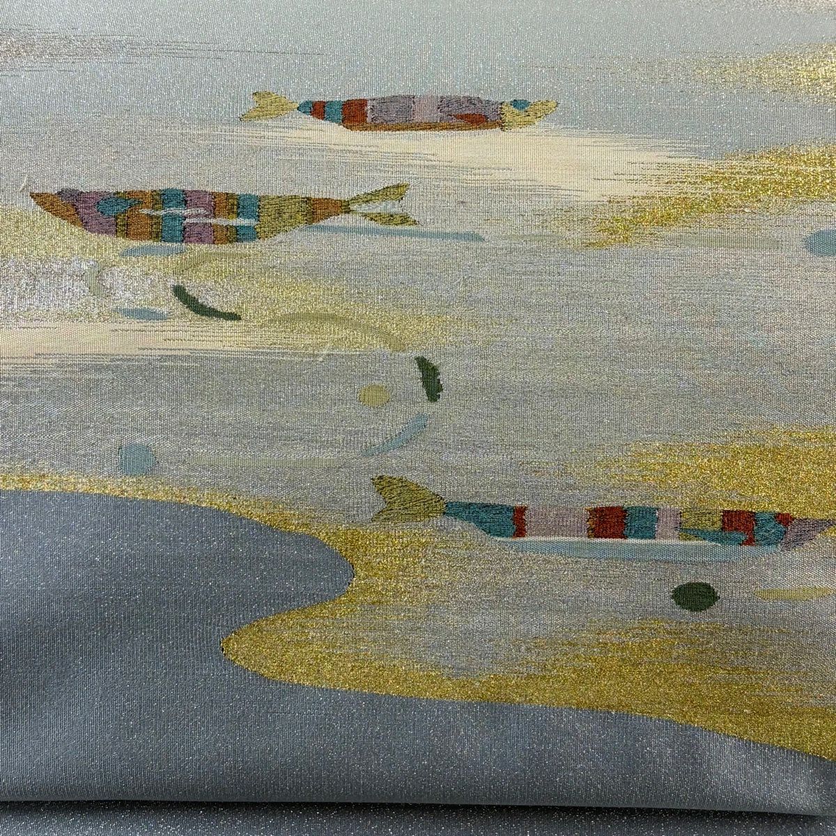【美品】 袋帶 名品級 魚 幾何學 金銀線 青灰 深藍色 正蠶絲