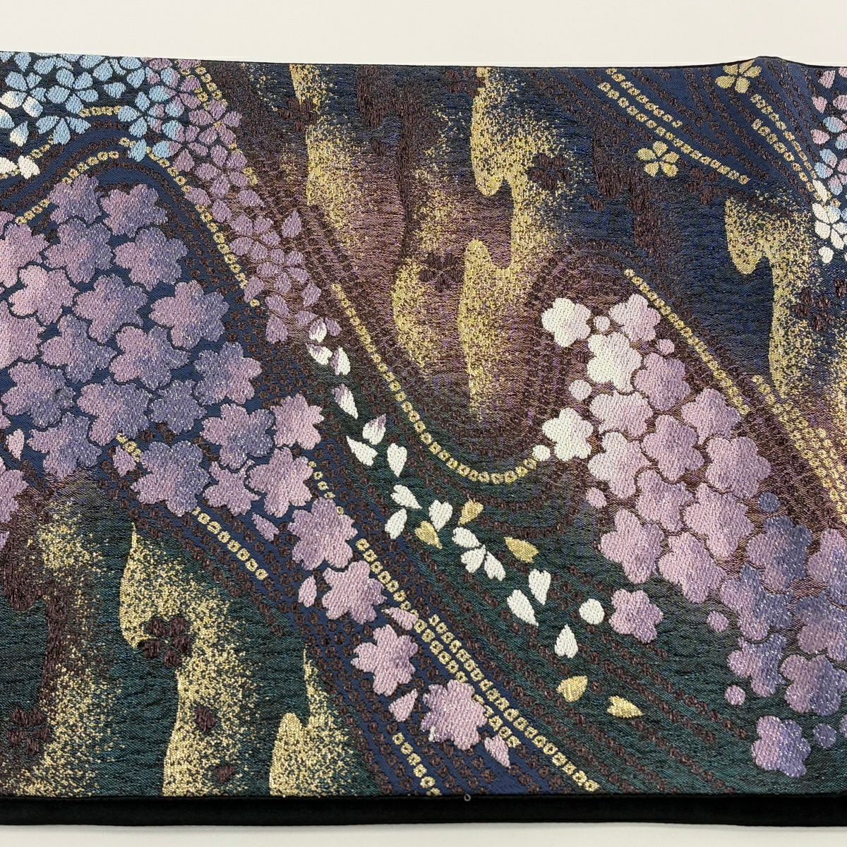袋帶 名品級 櫻花 流水 金絲 金金箔 墨 黑 六通 純蠶絲