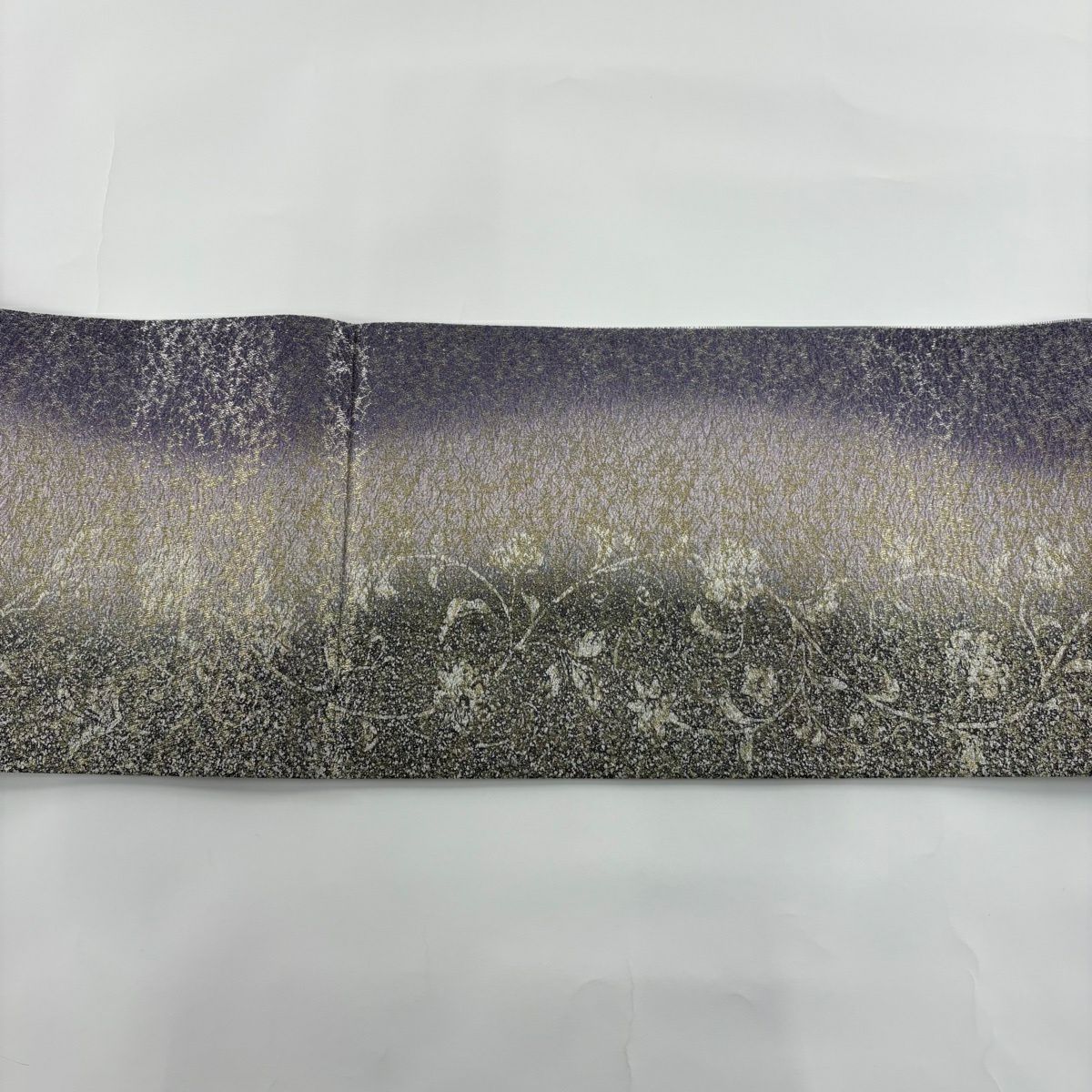 【美品】 袋帶 名品級 草花紋紋 幾何學 金銀彩 金金箔 紫 全通 純蠶絲