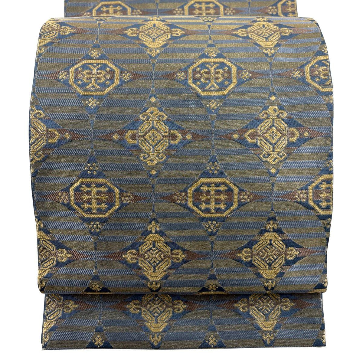 【美品】 袋帶 名品級 川島織物 落款あり 七寶紋 縞 金絲 青灰 六通 純蠶絲