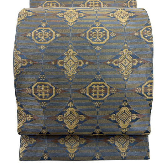 【美品】 袋帶 名品級 川島織物 落款あり 七寶紋 縞 金絲 青灰 六通 純蠶絲