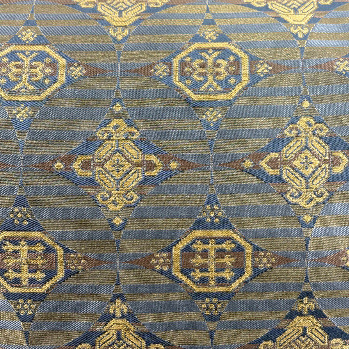 【美品】 袋帶 名品級 川島織物 落款あり 七寶紋 縞 金絲 青灰 六通 純蠶絲