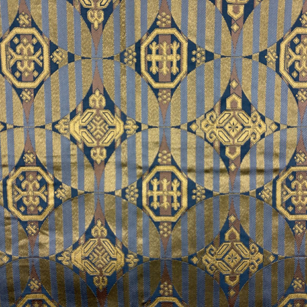 【美品】 袋帶 名品級 川島織物 落款あり 七寶紋 縞 金絲 青灰 六通 純蠶絲