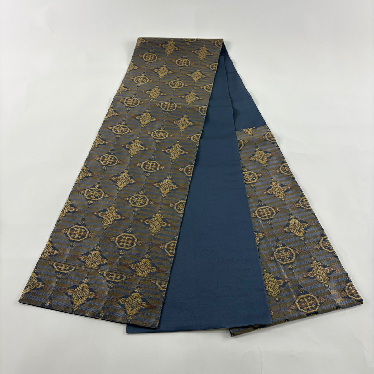 【美品】 袋帶 名品級 川島織物 落款あり 七寶紋 縞 金絲 青灰 六通 純蠶絲