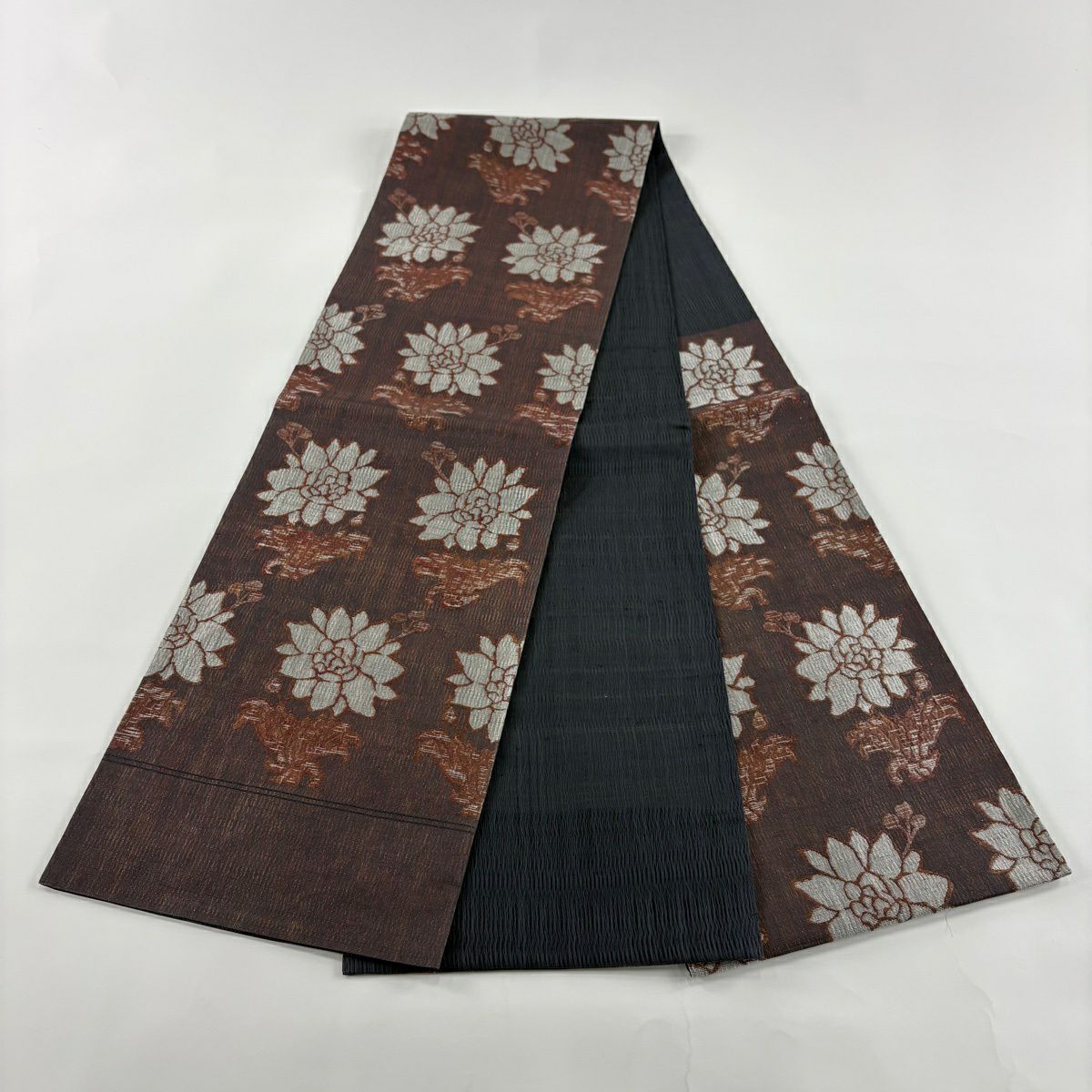 【美品】 袋帶 名品級 草花紋紋 金金箔 焦茶 深藍 純蠶絲