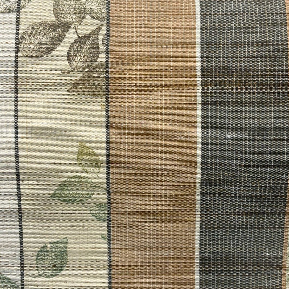 【美品】 袋帶 名品級 紬織織 葉子 縞紋 米色 全通 純蠶絲