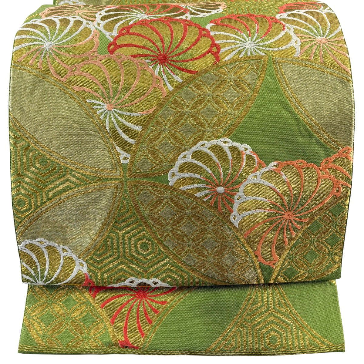 袋帶 名品級 川島織物 落款あり 關西裁縫 菊花 七寶紋 刺繡 金銀彩 黃綠 深色 六通 純蠶絲