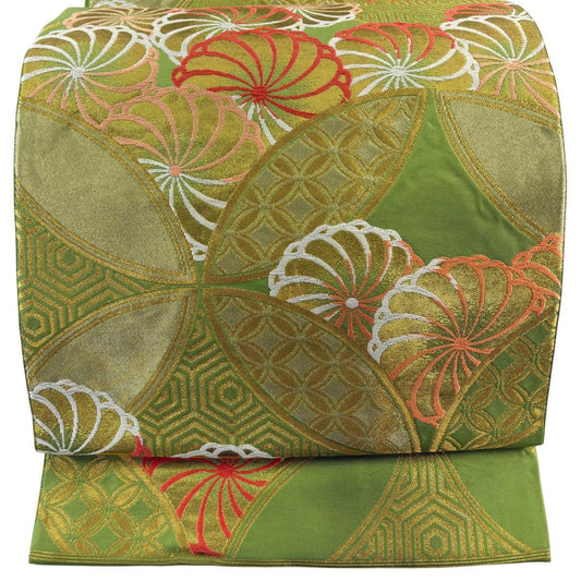 袋帶 名品級 川島織物 落款あり 關西裁縫 菊花 七寶紋 刺繡 金銀彩 黃綠 深色 六通 純蠶絲