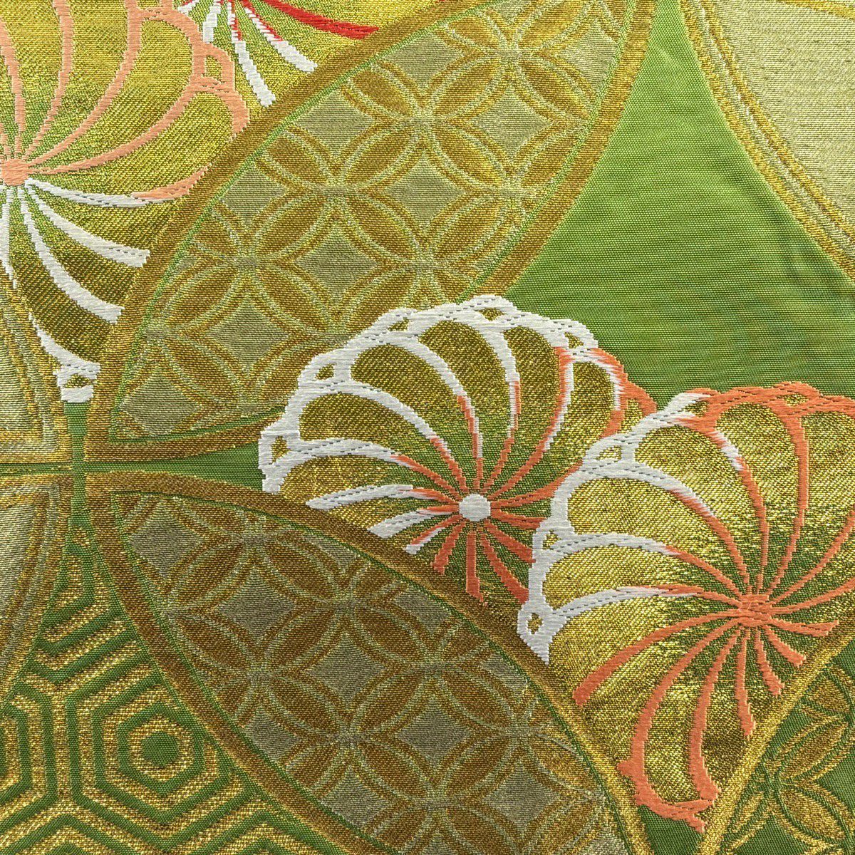 袋帶 名品級 川島織物 落款あり 關西裁縫 菊花 七寶紋 刺繡 金銀彩 黃綠 深色 六通 純蠶絲