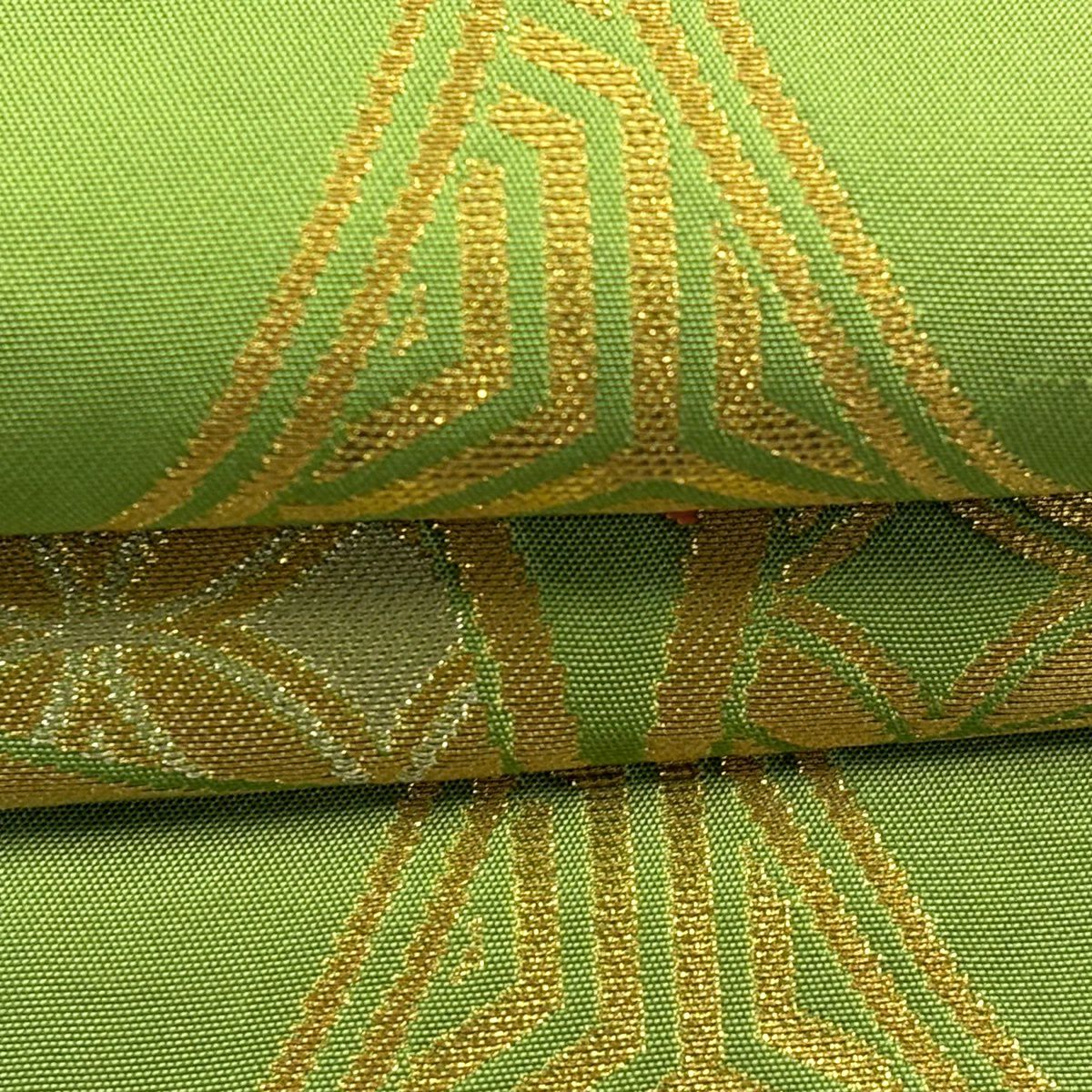 袋帶 名品級 川島織物 落款あり 關西裁縫 菊花 七寶紋 刺繡 金銀彩 黃綠 深色 六通 純蠶絲