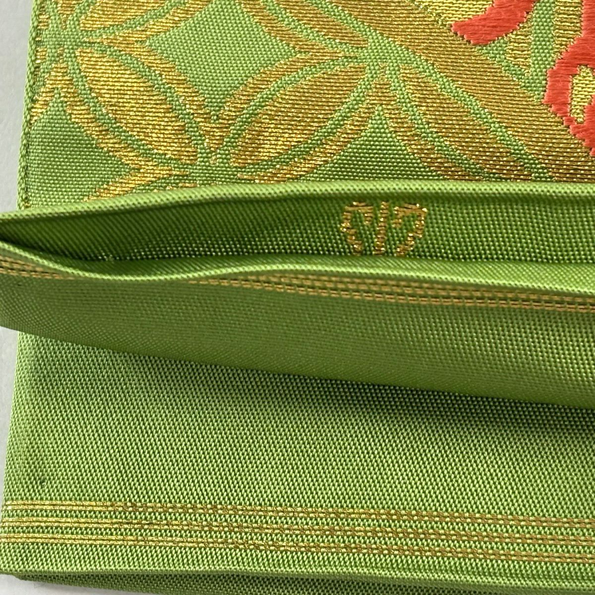 袋帶 名品級 川島織物 落款あり 關西裁縫 菊花 七寶紋 刺繡 金銀彩 黃綠 深色 六通 純蠶絲