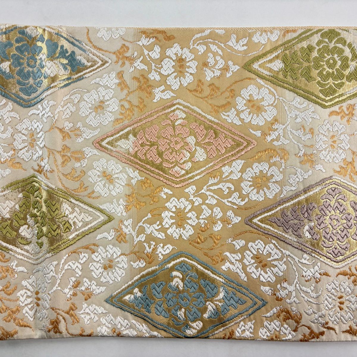 【美品】 袋帶 名品級 花菱 草花紋紋 唐織 金金箔 淺茶 深色 六通 純蠶絲