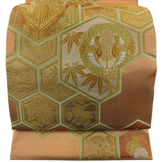 【美品】 袋帶 名品級 川島織物 落款あり 向鳥 龜甲 金銀彩 金金箔 淺橙 六通 純蠶絲
