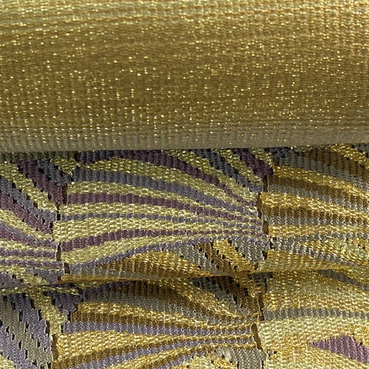 【美品】 袋帶 名品級 幾何學 金絲 鶯色 大鼓圖案 純蠶絲