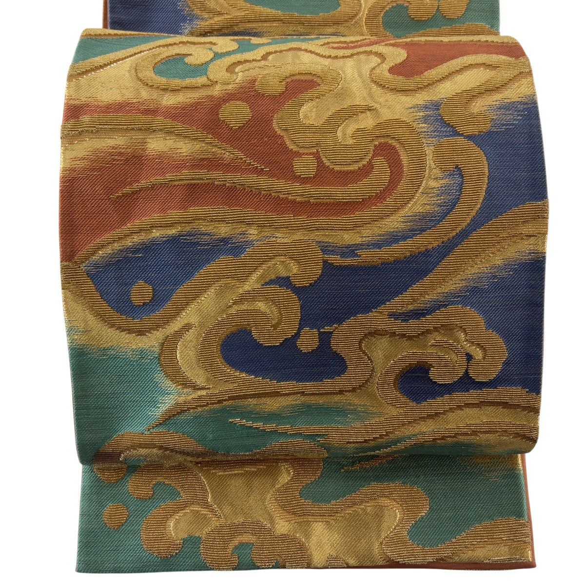 袋帶 名品級 花井幸子 落款 金華山織 波頭 金糸 青紫 六通 純蠶絲