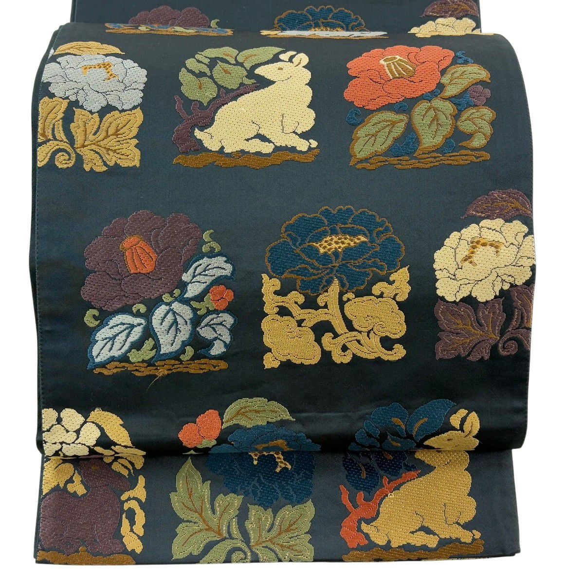 【美品】 袋帶 名品級 花兔 草花紋刺繡 金金箔 深綠 六通 純蠶絲