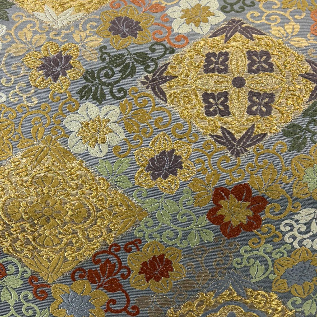 【美品】 袋帶 名品級 花唐草紋 菱 金絲 金金箔 灰 深藍 六通 純蠶絲