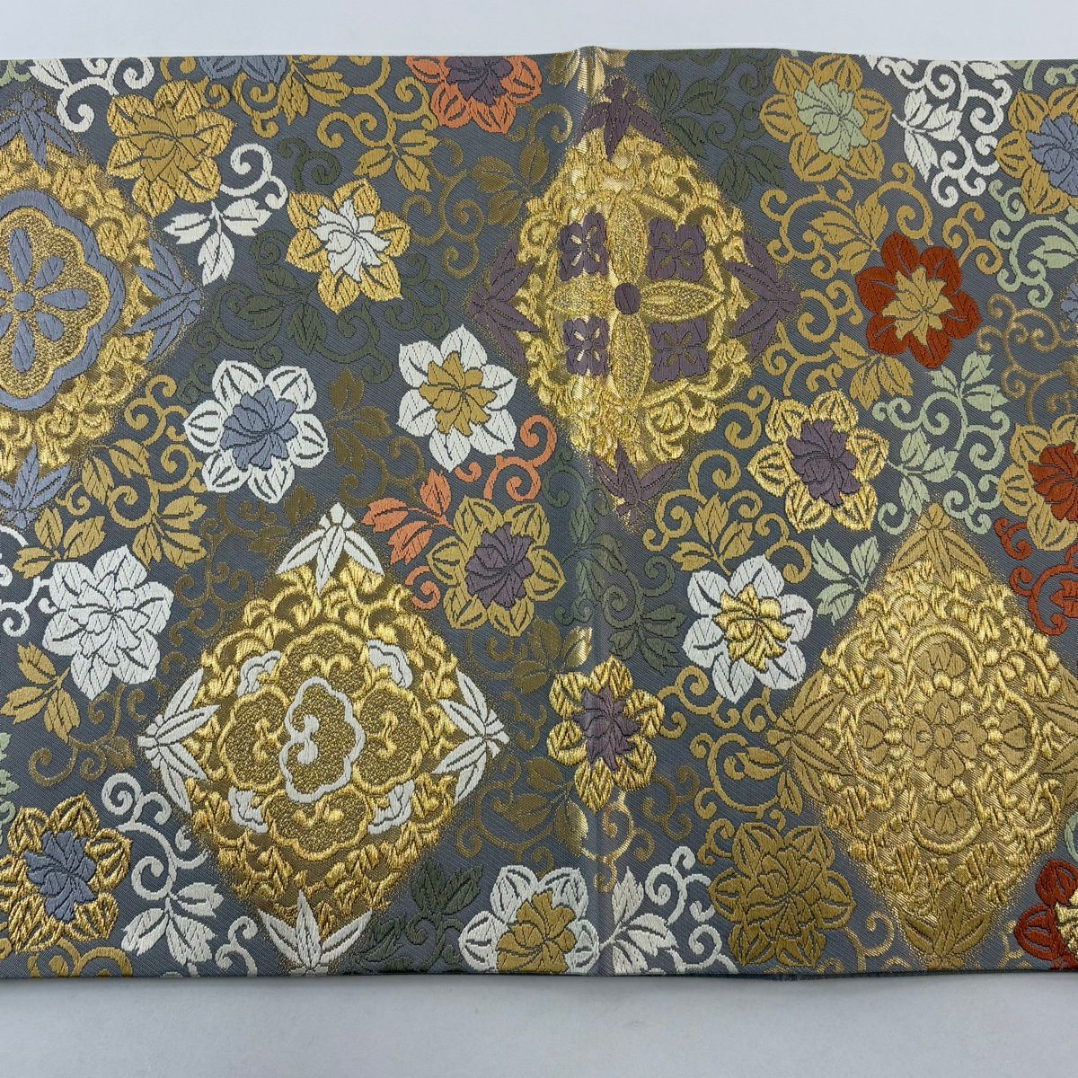 【美品】 袋帶 名品級 花唐草紋 菱 金絲 金金箔 灰 深藍 六通 純蠶絲