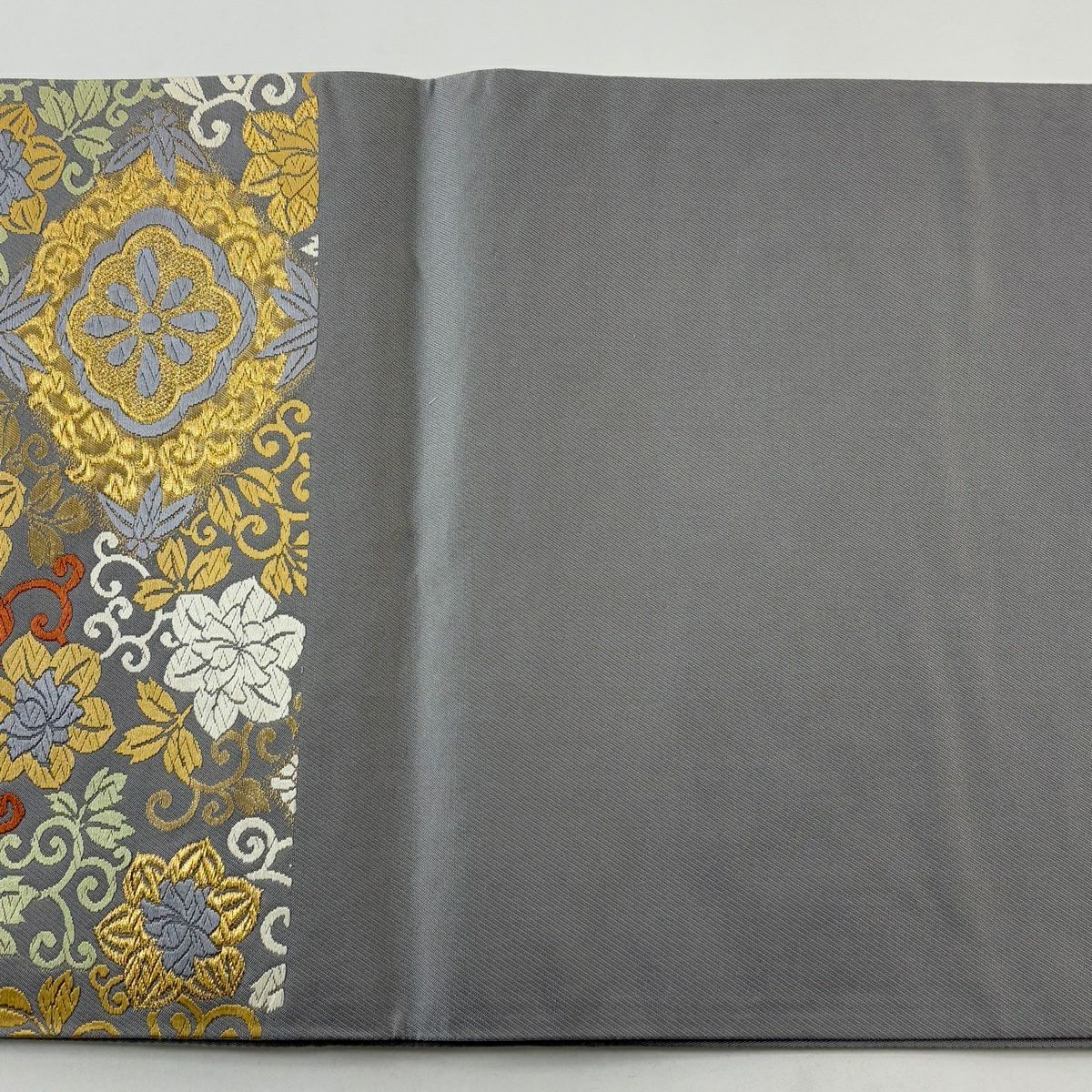 【美品】 袋帶 名品級 花唐草紋 菱 金絲 金金箔 灰 深藍 六通 純蠶絲
