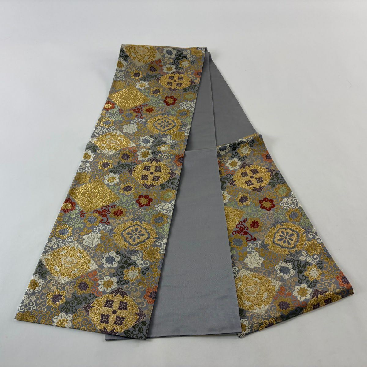 【美品】 袋帶 名品級 花唐草紋 菱 金絲 金金箔 灰 深藍 六通 純蠶絲