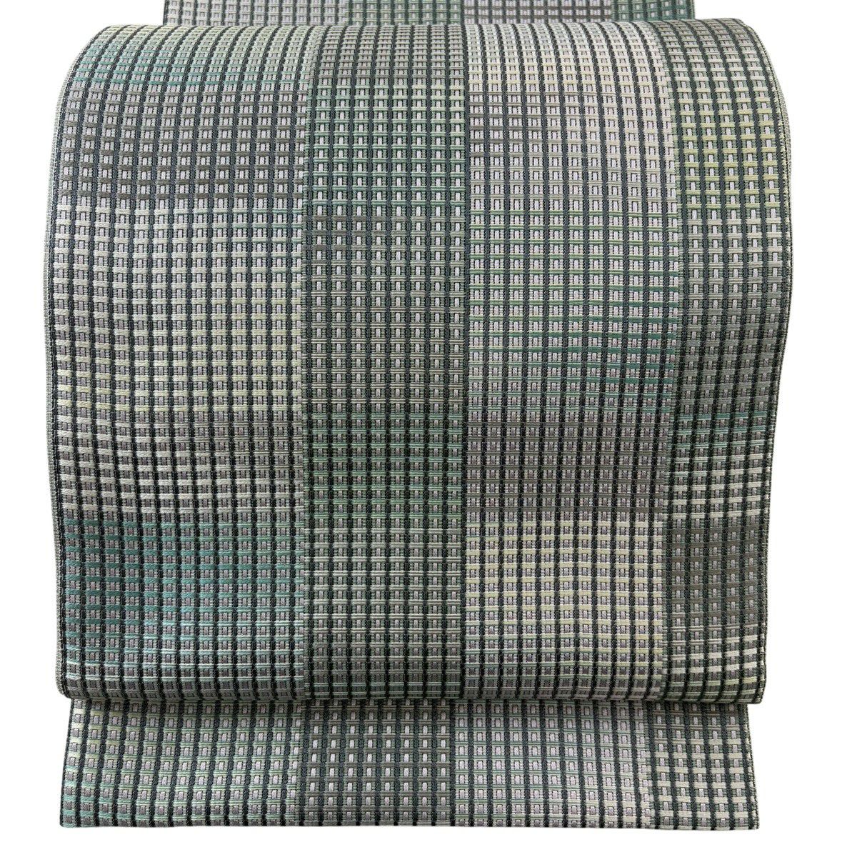 【美品】 袋帶 名品級 縞 幾何學 綠 全通 純蠶絲