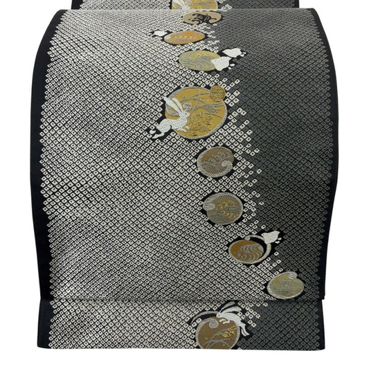 【美品】 袋帶 名品級 兔子 波 金銀線 灰白 六通 純蠶絲