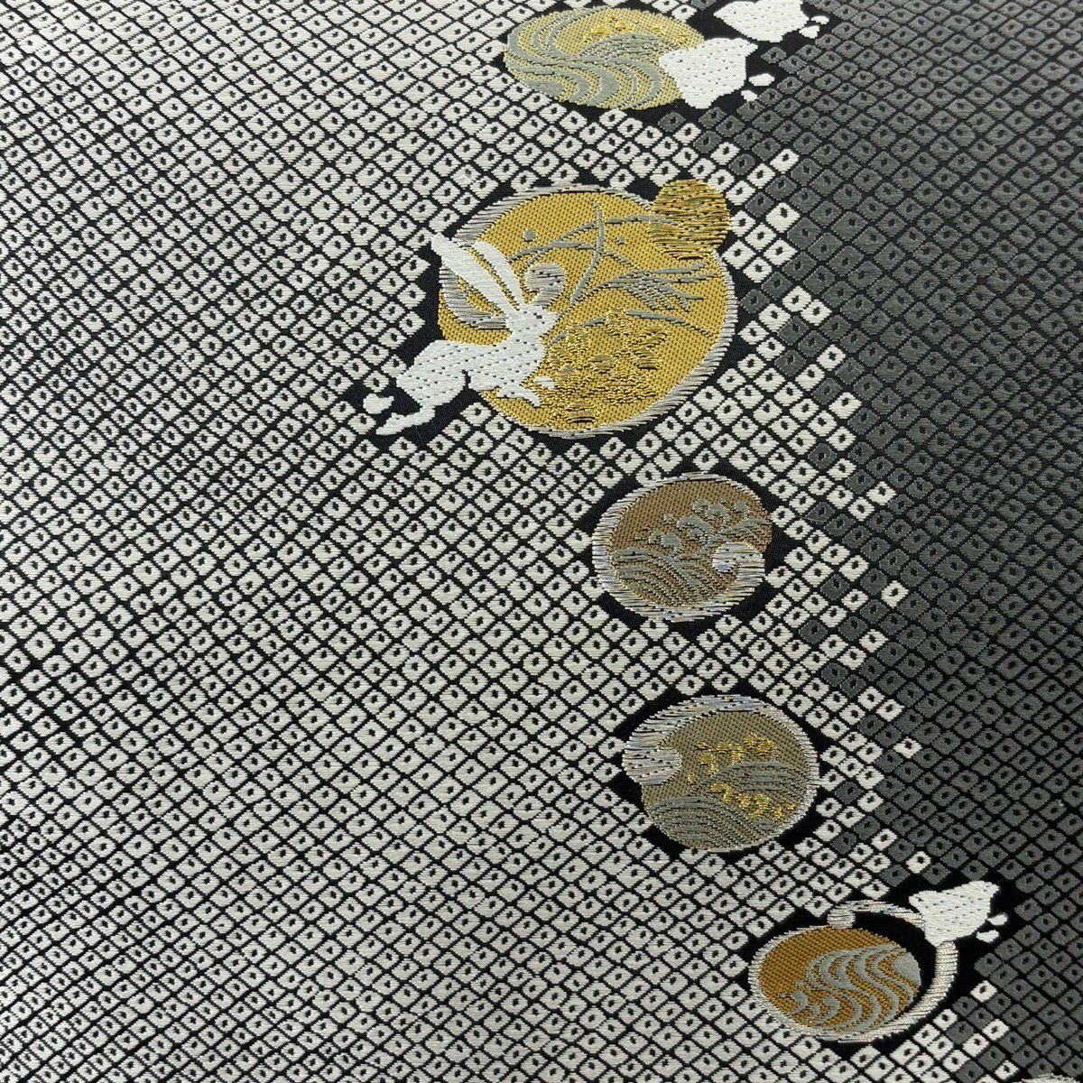 【美品】 袋帶 名品級 兔子 波 金銀線 灰白 六通 純蠶絲