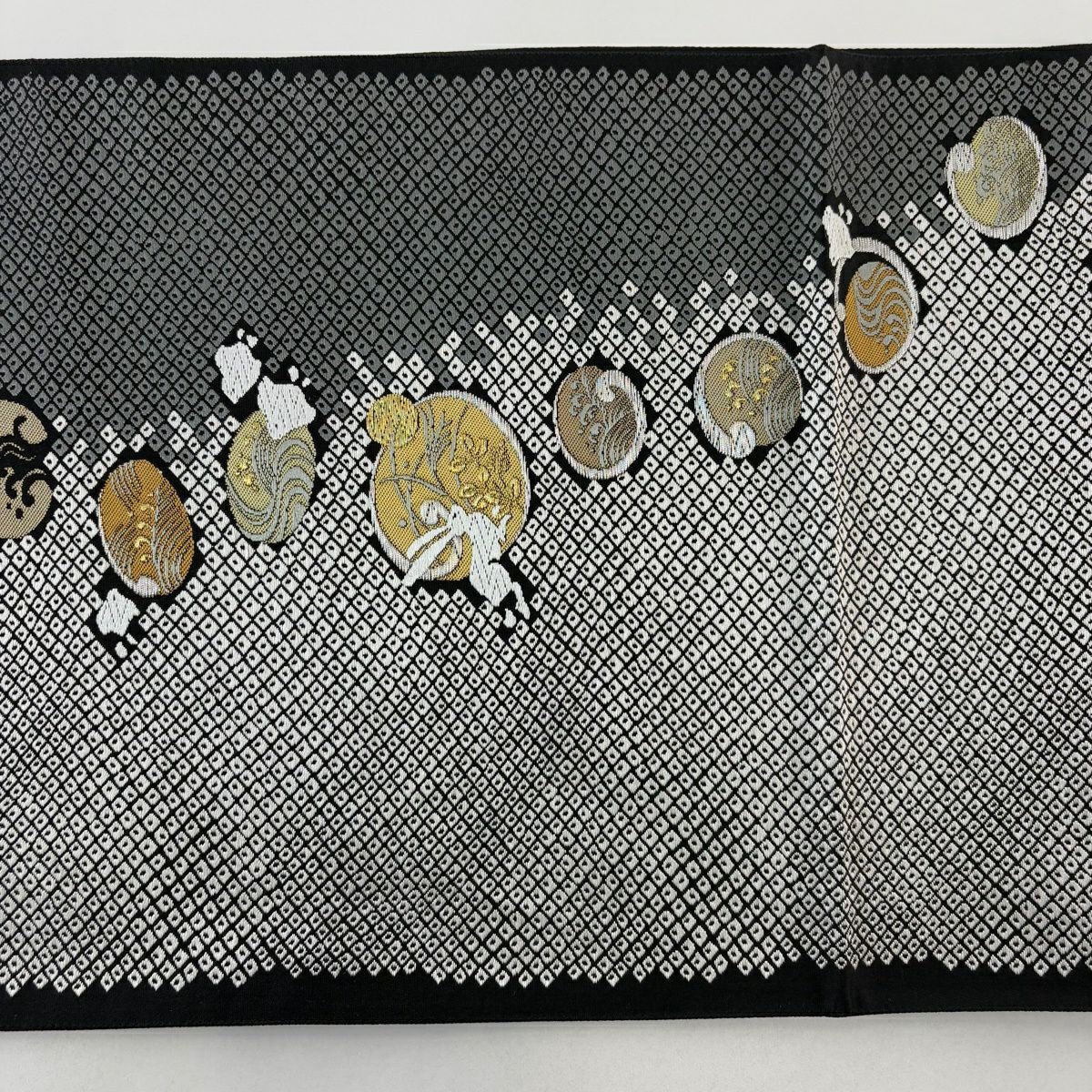 【美品】 袋帶 名品級 兔子 波 金銀線 灰白 六通 純蠶絲