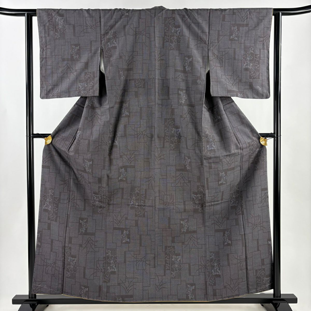 【美品】結城紬織 身長160cm 袖長62.5cm S 雙層 はたおり娘 奥順 證書あり 龜甲絣 草花紋紋 灰紫 純蠶絲 逸品級