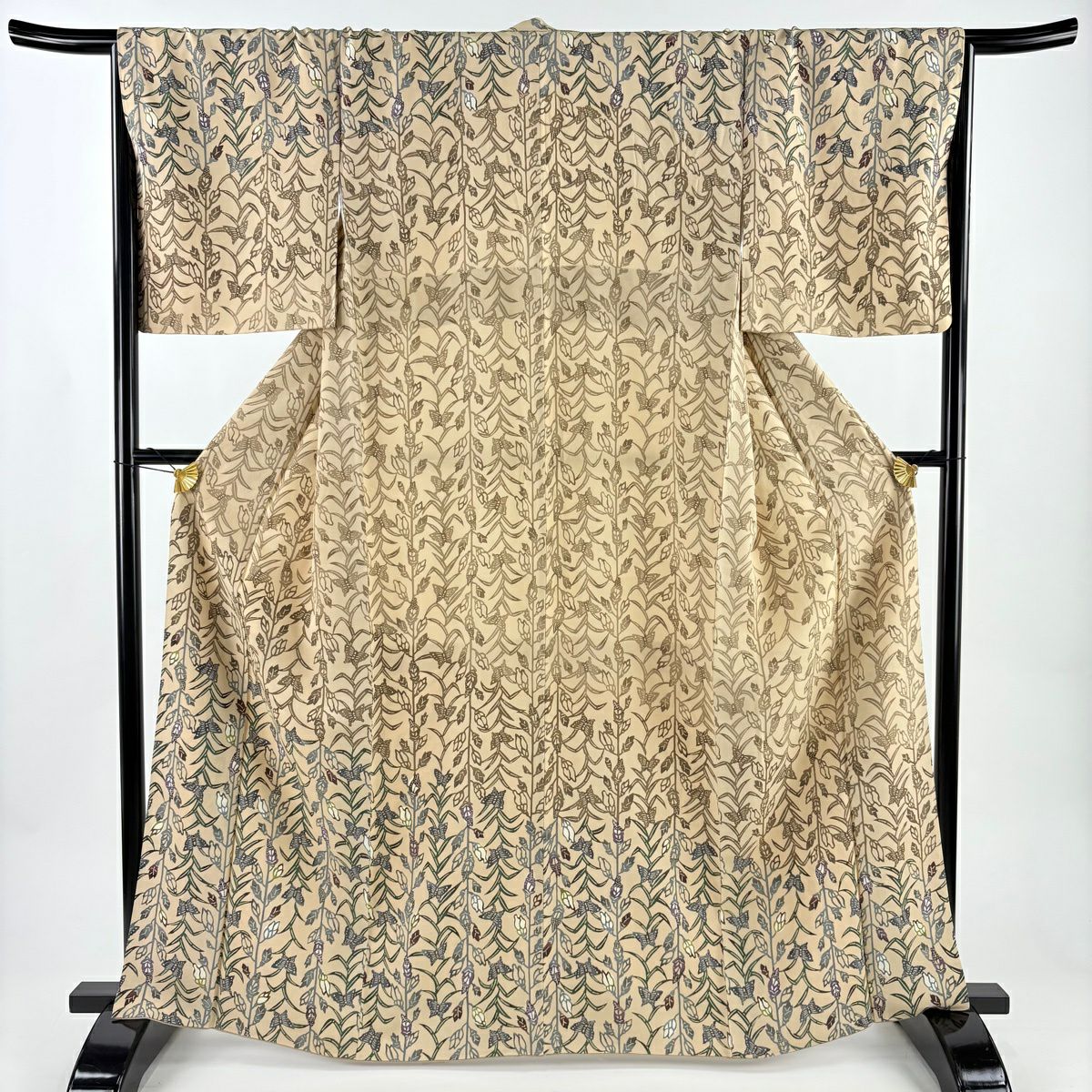 付下 身長164.5cm 袖長67cm M 雙層 蝶 草花紋 薄茶 純蠶絲 逸品級