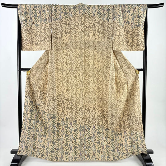 付下 身長164.5cm 袖長67cm M 雙層 蝶 草花紋 薄茶 純蠶絲 逸品級